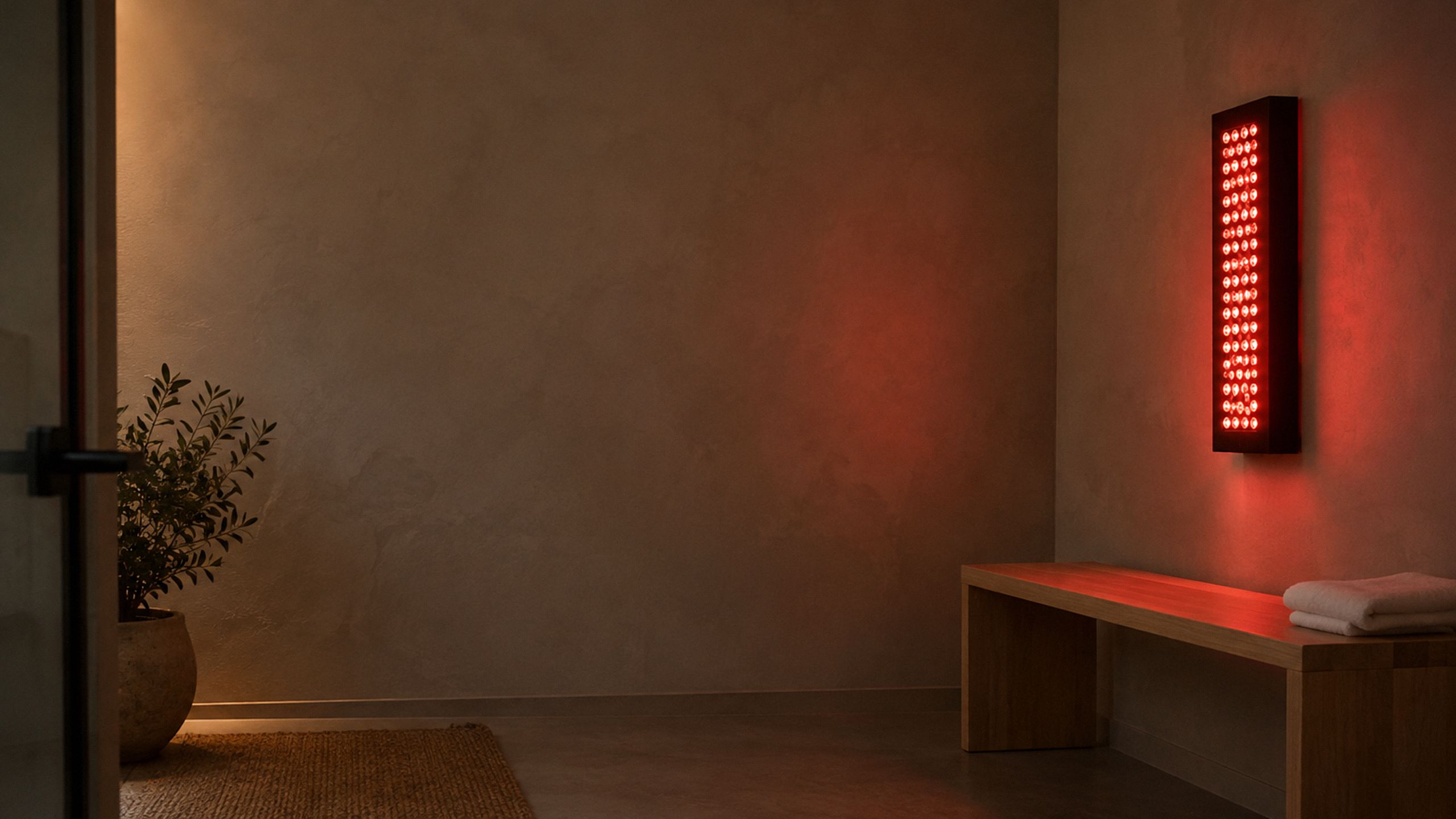 Red light therapy panel on a plaster wall above a wooden bench in a recovery room