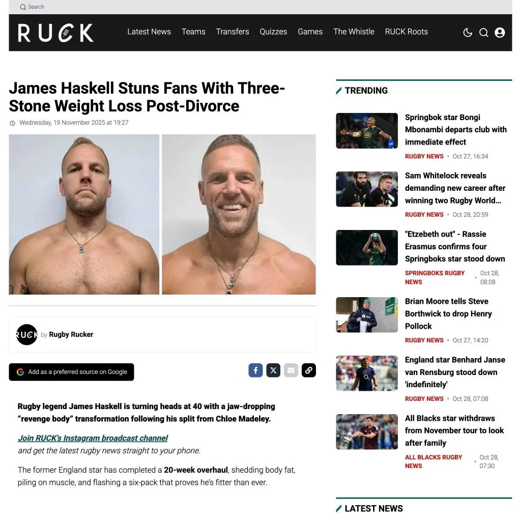 The RUCK article on James Haskell’s three-stone weight loss with Roar Fitness London
