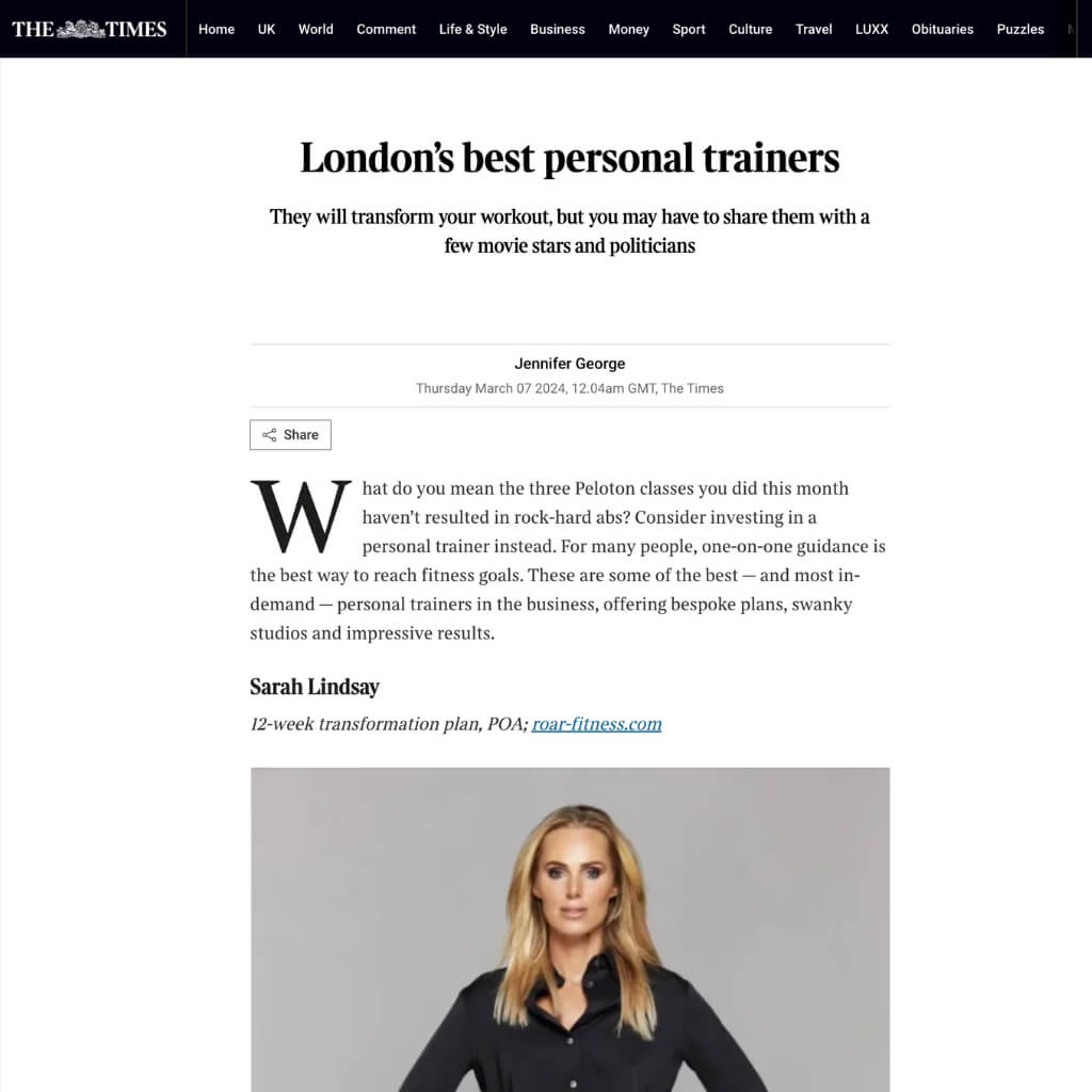 Roar Fitness featured in an article in The Times magazine