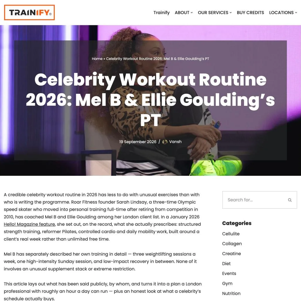 The Trainify article on Roar Fitness founder Sarah Lindsay’s celebrity workout routine