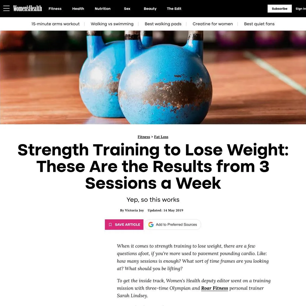 The Women’s Health article on strength training for weight loss with three-time Olympian Sarah Lindsay